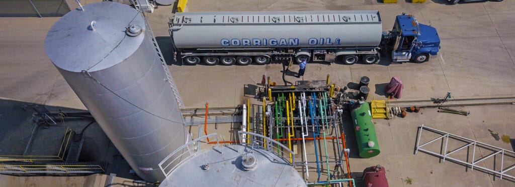 Areal shot of a corrigan oil truck being filled up to be delivered to customers