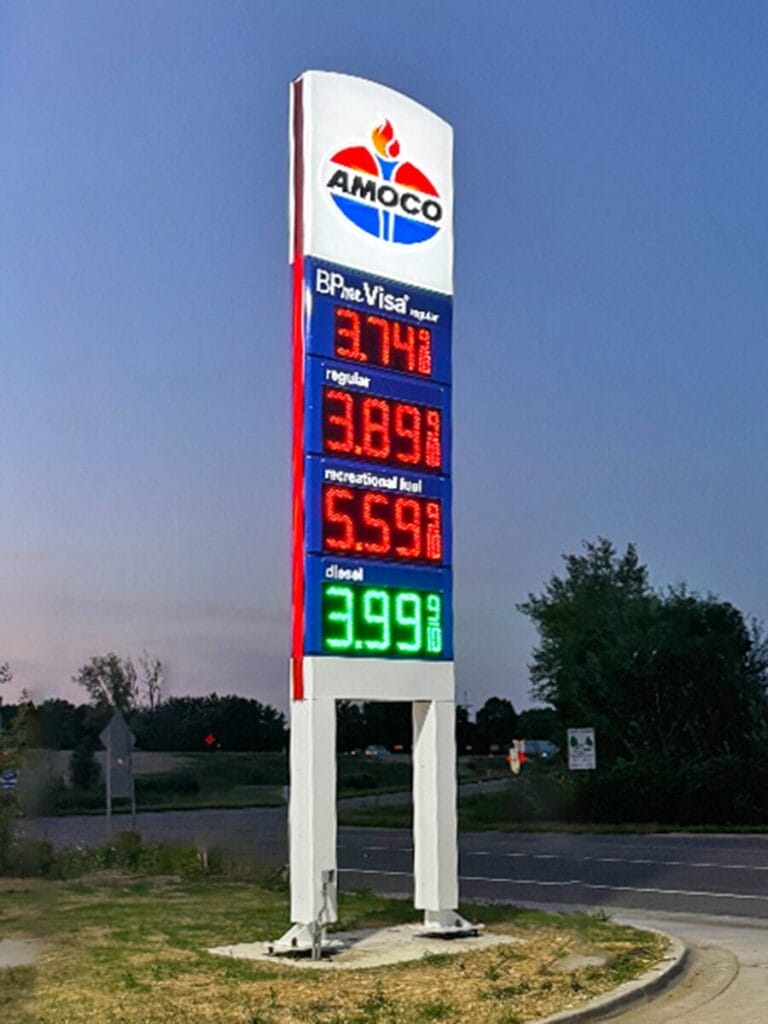 Amoco branded fuel pricing sign displaying gasoline and diesel prices