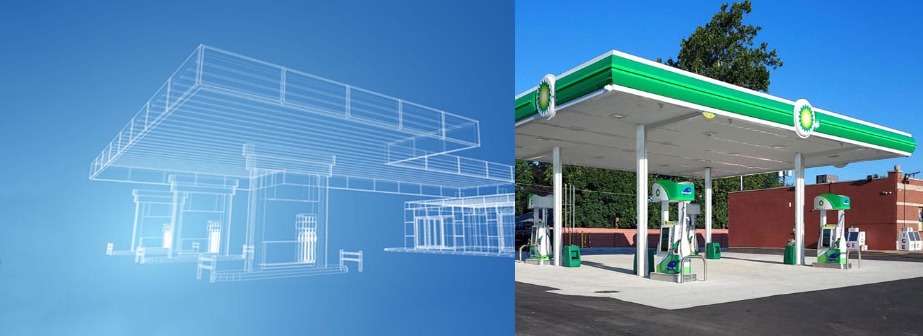 A split image showing a wireframe architectural rendering of a gas station on the left and a completed, branded BP gas station with green canopy and fuel pumps on the right.