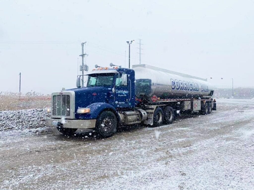 corrigan oil truck on an icy road