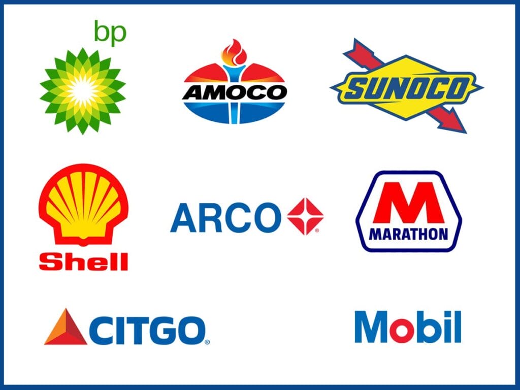 A collage of major gas station brand logos including BP, Amoco, Sunoco, Shell, ARCO, Marathon, CITGO, and Mobil on a white background with a blue border.