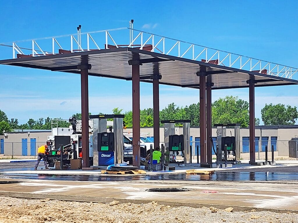 Newly constructed branded fuel station canopy and diesel pump island