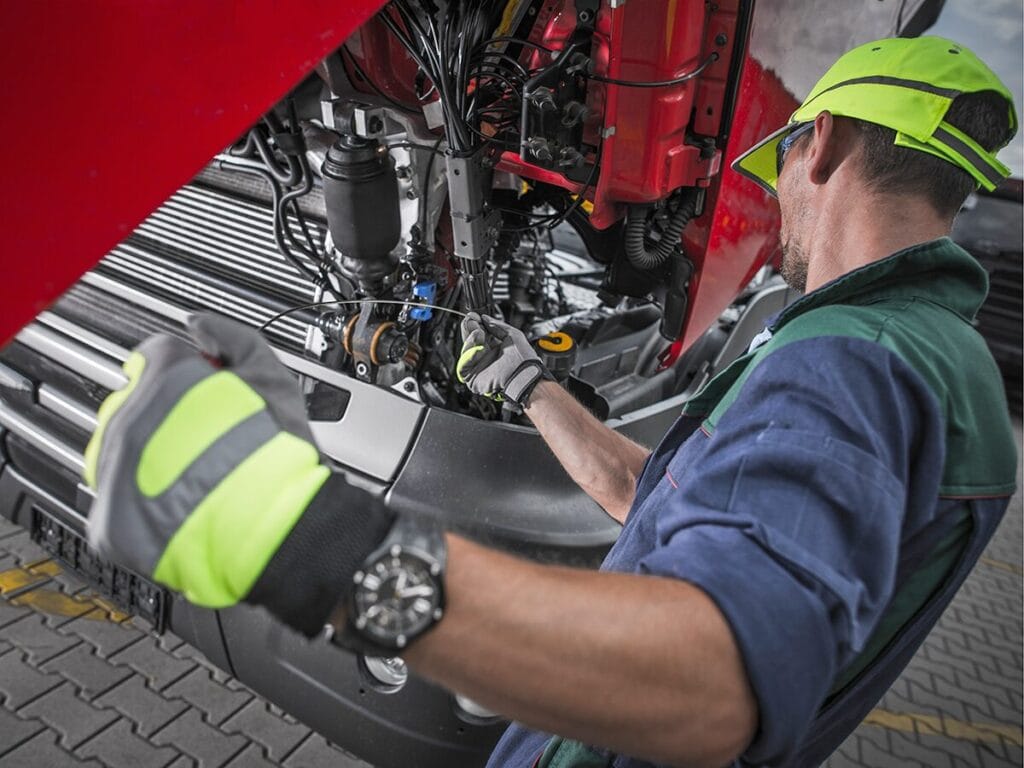 A mechanic wearing a green uniform, yellow hard hat, and high-visibility gloves works on the exposed engine compartment of a large red commercial truck.