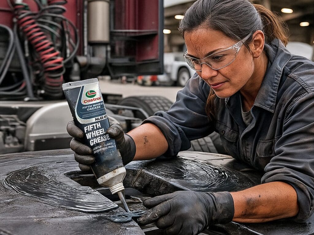 A female technician wearing safety glasses and black gloves applies Castrol Fifth Wheel Grease from a tube to a fifth wheel coupling on a commercial truck.