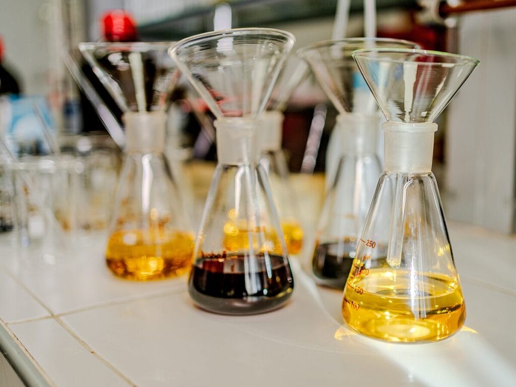 lubricants in glass jars in a lab