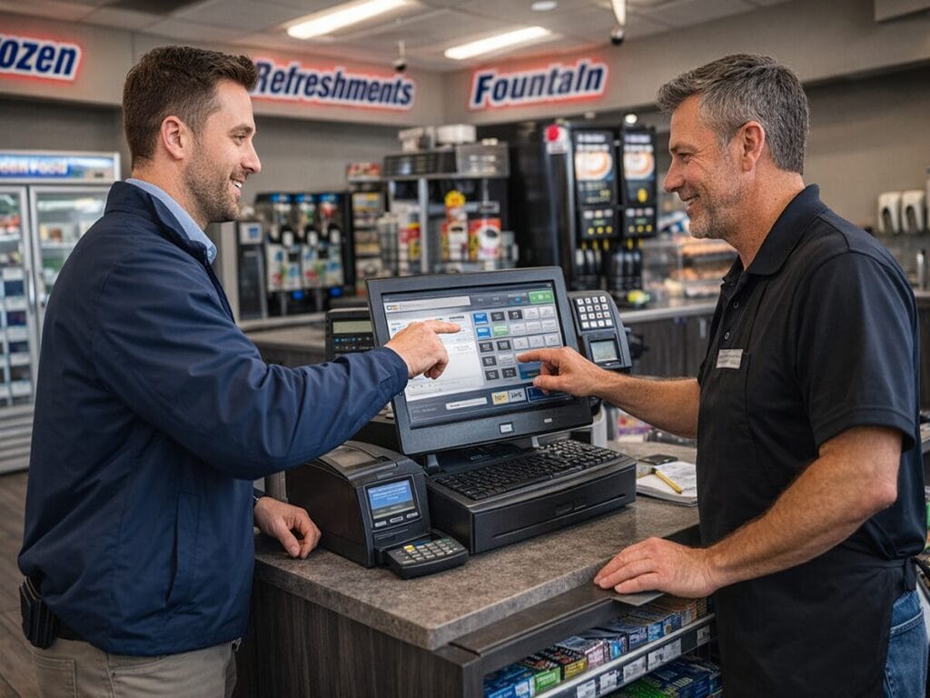A sales representative demonstrates a point-of-sale touchscreen system to a convenience store employee at the checkout counter, with refreshment and fountain drink stations visible in the background.