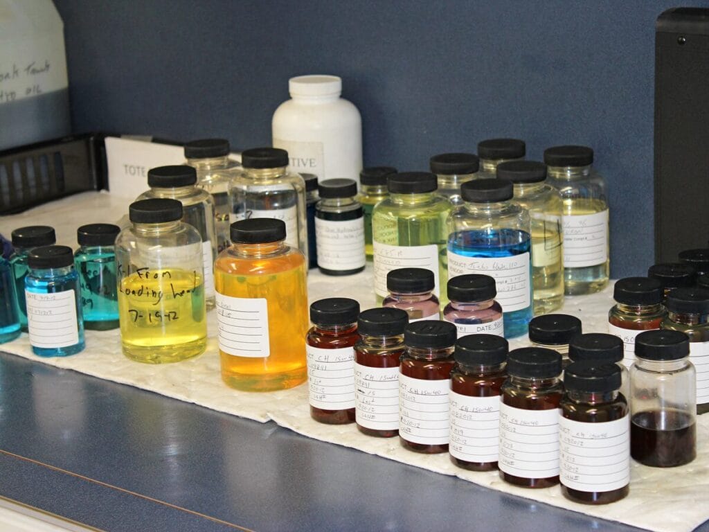 Test fuel samples and calibration fuels prepared for laboratory analysis